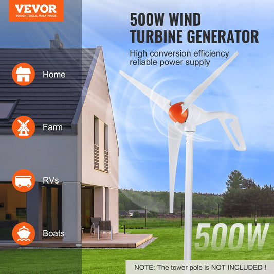 VEVOR 500W Wind Turbine Generator, 12V Wind Turbine Kit, 3-Blade Wind Power Generator with Anemometer, MPPT Controller & Adjustable Windward Direction, Suitable for Home, Farm, RVs, Boats