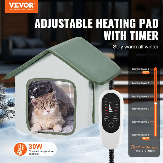 VEVOR Elevated Heated Cat House, Outdoor Kitty Shelter with Timer, 600D Oxford Cloth Foldable Cat Shelter with Heated Pad for Winter to Stay Warm and Cozy, Green (Small) - Mekamart Australia