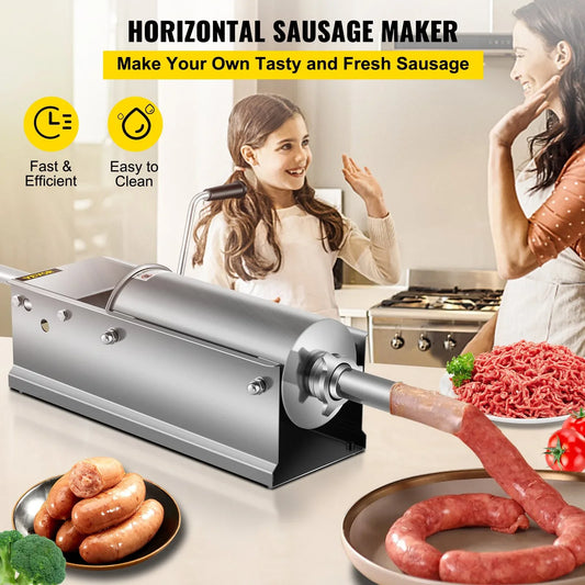 VEVOR Manual Sausage Stuffer, 5 L / 11 LBS Horizontal Sausage Machine, Dual-Speed Meat Stuffer, Made of Food-Grade 304 Stainless Steel, Includes 5 Stuffing Tubes, for Home Kitchen Restaurant Commercia - Mekamart Australia