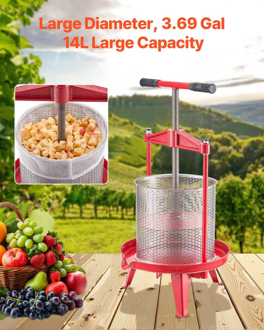 VEVOR 3.69 Gal/14L Fruit Wine Press, Stainless Steel Basket with Cross-beam and Triangular Structure, Manual Juice Maker, Cider Apple Grape Tincture Making Press with T-Handle for Kitchen Home - Mekamart Australia