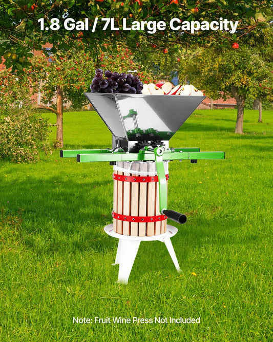VEVOR 1.8 Gal/7L Fruit and Apple Crusher, Large Manual Grinder, Stainless Steel Fruit Scratter Pulper for Wine Cider Apple Grape Pressing, with Roller Handle for Kitchen Home, Green - Mekamart Australia