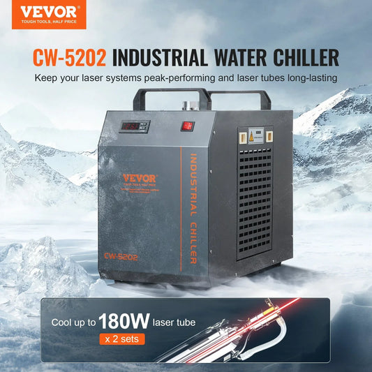 VEVOR Industrial Water Chiller, CW-5202, Industrial Water Cooler Cooling System with Built-in Compressor 7L Water Tank Capacity 18 L/min Max Flow Rate, for CO2 Laser Engraving Machine Cooling Machine - Mekamart Australia