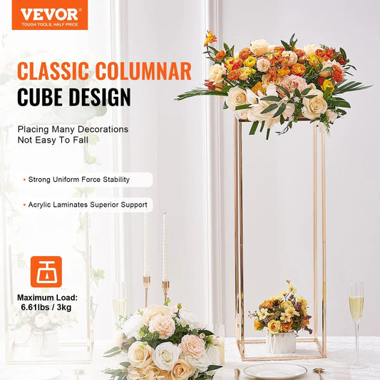 VEVOR 10PCS 31.5inch/80cm High Wedding Flower Stand, With Acrylic Laminate,Metal Vase Column Geometric Centerpiece Stands, Gold Rectangular Floral Display Rack for Events Reception, Party Decoration - Mekamart Australia