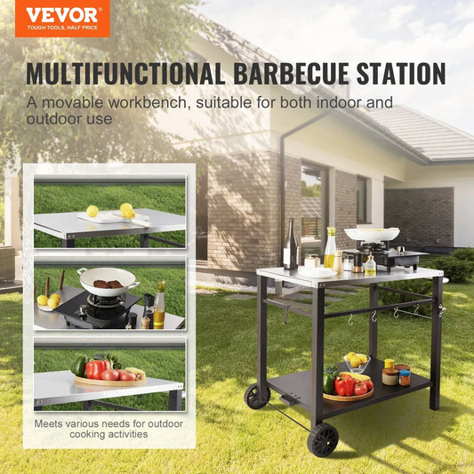VEVOR Outdoor Grill Dining Cart with Double-Shelf, 85*55cm BBQ Movable Food Prep Table, Multifunctional Stainless Steel Table Top, Portable Modular Carts for Pizza Oven, Worktable with 2 Wheels, Carry Handle - Mekamart Australia