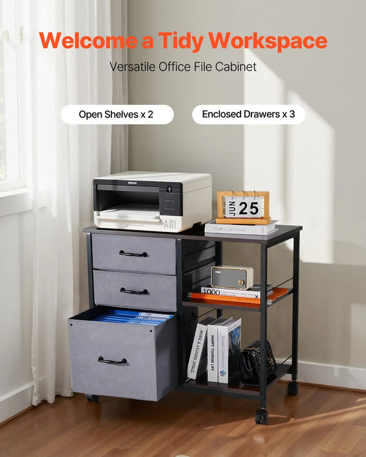 VEVOR Mobile Metal File Cabinet with 3 Fabric Drawers and 2 Open Shelves Brown - Mekamart Australia