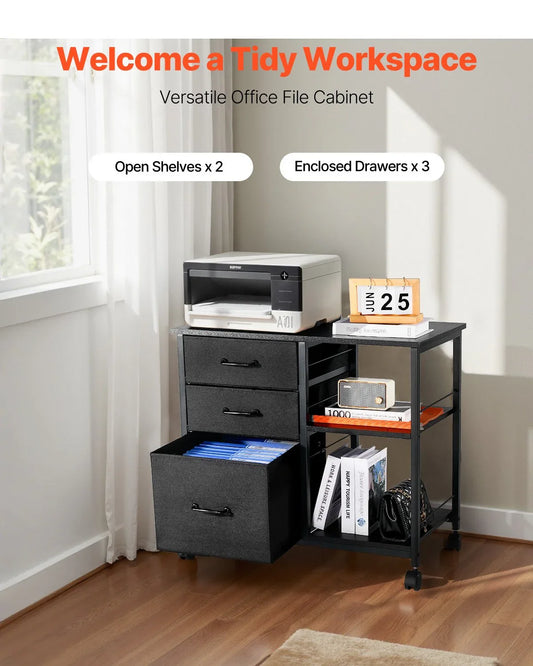 VEVOR Mobile Metal File Cabinet with 3 Fabric Drawers and 2 Open Shelves Black - Mekamart Australia
