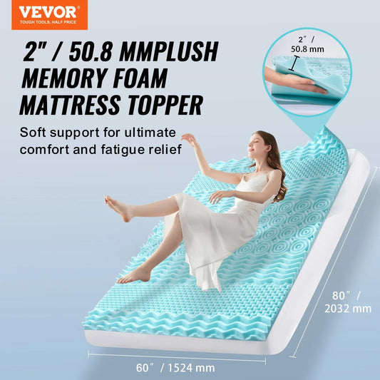 VEVOR Mattress Topper, Queen Size, 50.8 mm Thickness, Memory Foam Mattress Pad, Cooling Gel Infusion, Compressed Package for Quick Setup, 7 Comfort Zones for Pressure Relief, Comfy Support for Any Bed - Mekamart Australia