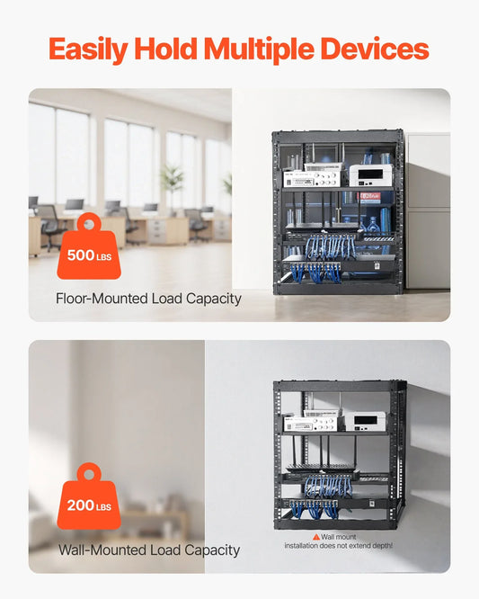 VEVOR 12U Open Frame Network Rack, 585 mm Depth, Wall Mounted or Floor Standing Server Rack, Heavy Duty 4 Post, with Vented Shelves & Mounting Hardware, Holds All Your Networking IT Equipment AV Gear - Mekamart Australia