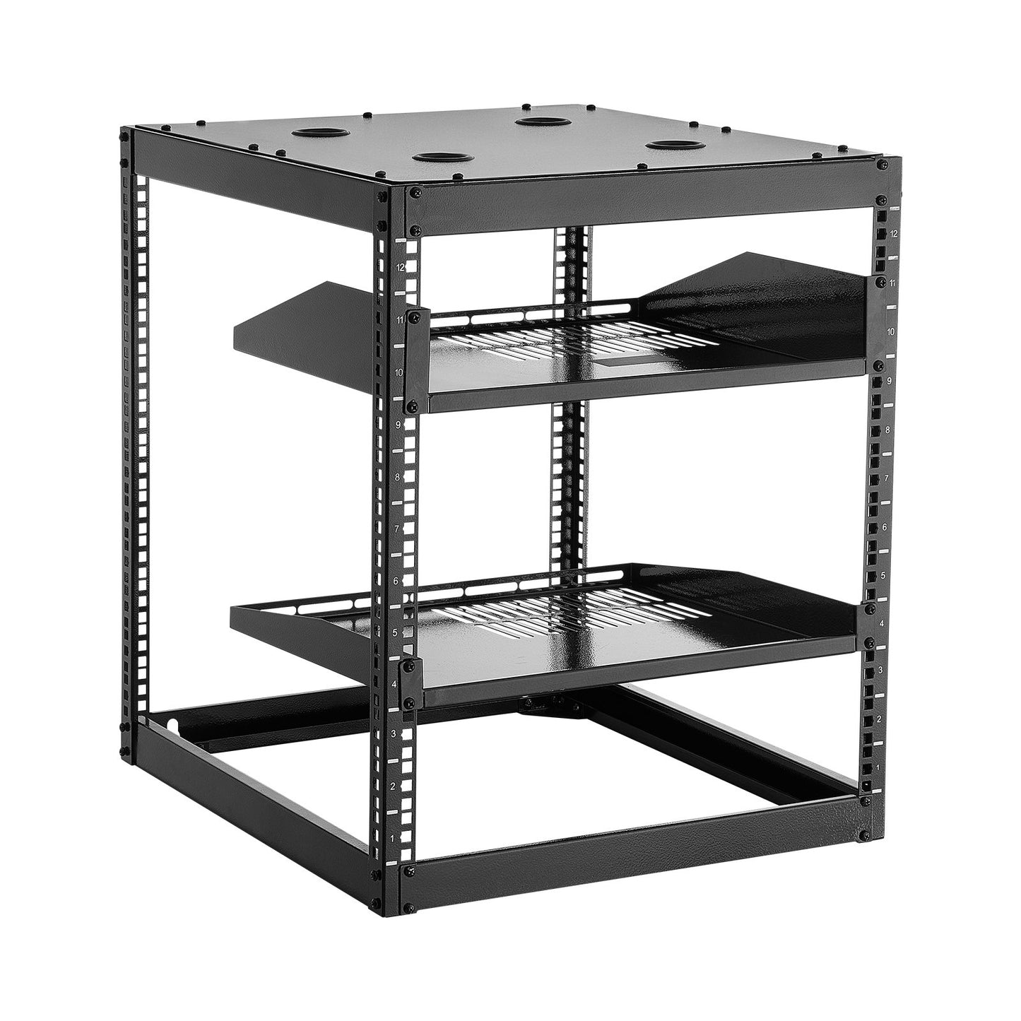 VEVOR 12U Open Frame Network Rack, 585 mm Depth, Wall Mounted or Floor Standing Server Rack, Heavy Duty 4 Post, with Vented Shelves & Mounting Hardware, Holds All Your Networking IT Equipment AV Gear
