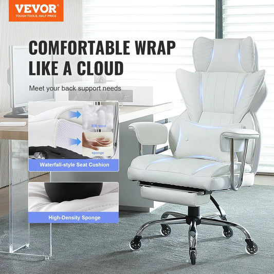 VEVOR Reclining Office Chair with Footrest, Heavy Duty PU Leather Wide Office Chair, Big and Tall Executive Office Chairs with Lumbar Support, Strong Metal Base Quiet Wheels, White - Mekamart Australia
