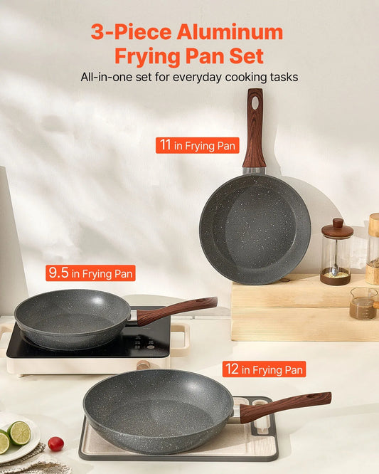 VEVOR Frying Pan Skillet, Aluminum Egg Fry Pans, 3 Piece Set (250, 280, 325 mm), Nonsitck Heavy-Duty Skillets with Heat-Resistant Handle, Chef's Kitchen Cookware, for Gas, Electric, Induction, Grey - Mekamart Australia