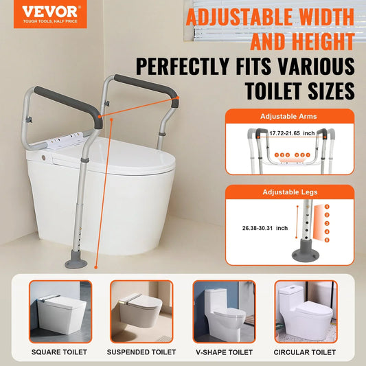 VEVOR Toilet Safety Rail, Bathroom Toilet Seat Frame, Adjustable Width & Height Fit Most Toilets, Supports 136 kg, Toilet Handles Grab Bars with Padded Armrests for Handicap, Disabled, Seniors - Mekamart Australia