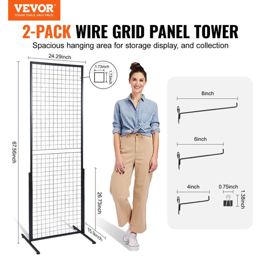 VEVOR 2' x 5.6' Grid Wall Panels Tower, 2 Packs Wire Gridwall Display Racks with T-Base Floorstanding, Double Side Gridwall Panels for Art Craft Shows, Retail Display with Extra Clips and Hooks - Mekamart Australia