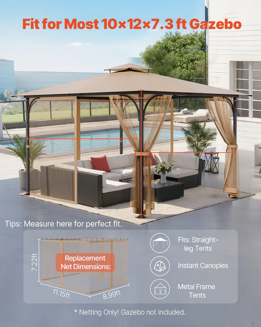 VEVOR Gazebo Netting Replacement, Fit Most 10 x 12 x 7.3 FT Gazebo, Outdoor Garden Gazebo Net, 4-Panel Sidewall Mesh Gazebo Curtain, Patio Midge Netting with Double Zipper, Canopy Screen (Netting Only)
