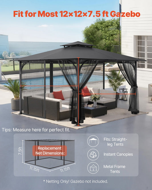 VEVOR Gazebo Netting Replacement, Fit Most 12 x 12 x 7.5 FT Gazebo Curtain, Outdoor Garden Net, 4-Panel Sidewall Mesh Net, Patio Midge Netting with Double Zipper, Canopy Screen (Netting Only)