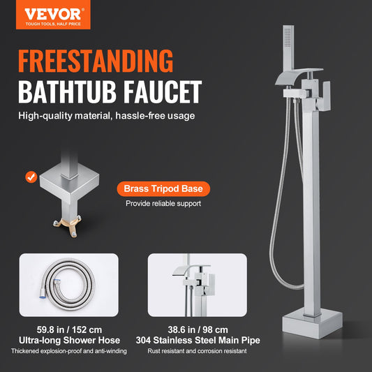 VEVOR Freestanding Bathtub Faucet, Floor Mount, Freestanding Tub Filler, Shower Mixer Taps, Two Water Modes, Swivel Spout, for Bathing & Showering Pet Bathing Cleaning Drains Toilet Flushing