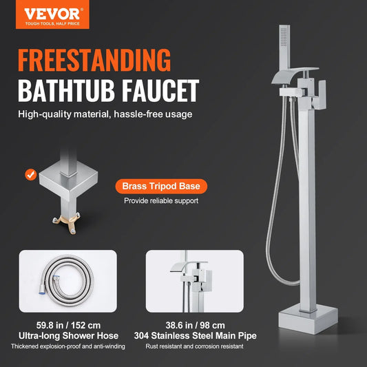 VEVOR Freestanding Bathtub Faucet, Floor Mount, Freestanding Tub Filler, Shower Mixer Taps, Two Water Modes, Swivel Spout, for Bathing & Showering Pet Bathing Cleaning Drains Toilet Flushing - Mekamart Australia