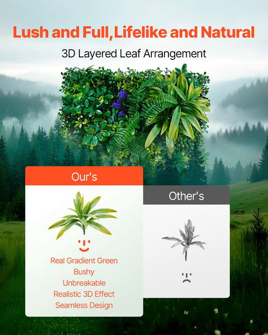 VEVOR Artificial Grass Wall Panels, 8 PCS 20 x 20 inch, 3D Combination Greenery Boxwood Panel for Indoor Outdoor Green Decor & Ivy Fence Covering, Privacy Backdrop Wall Hedge Screen for Garden