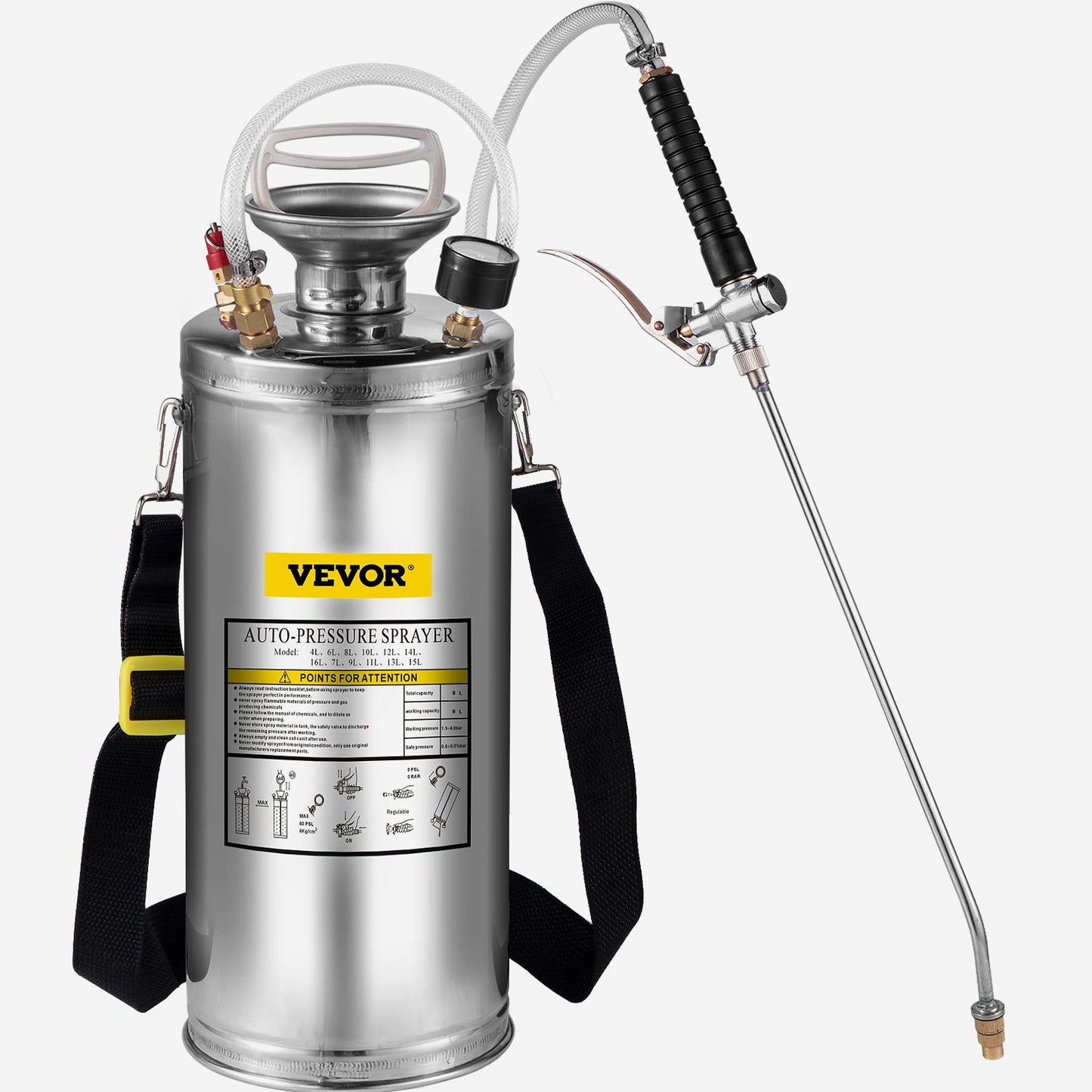 VEVOR 2Gal Stainless Steel Sprayer, Set with 20\" Wand& Handle& 3FT Reinforced Hose, Hand Pump Sprayer with Pressure Gauge&Safety Valve, Adjustable Nozzle Suitable for Gardening and Sanitizing