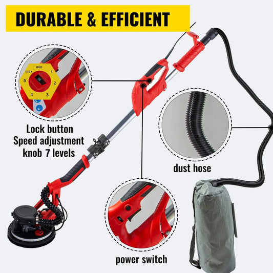 VEVOR Drywall Sander 750W, Electric Drywall Sander, Foldable Sheetrock Sander, with Telescope Handle, Electric Sander, Variable Speed 800-1750 RPM, Wall Sander, with LED Strip Light and Vacuum Bag - Mekamart Australia