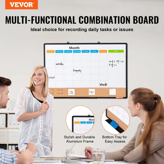 VEVOR 36"x 24" Monthly Calendar Whiteboard & Cork Board Combo with Aluminum Frame – 2-in-1 Magnetic Dry Erase Bulletin Board for Wall Mount – Ideal for School, Home, Office - Mekamart Australia