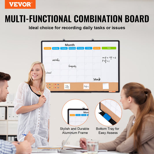 VEVOR 36"x 24" Monthly Calendar Whiteboard & Cork Board Combo with Aluminum Frame – 2-in-1 Magnetic Dry Erase Bulletin Board for Wall Mount – Ideal for School, Home, Office