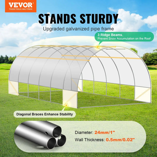 VEVOR Walk-in Tunnel Greenhouse, 19.4x9.7x6.5 ft Hoop House Greenhouse Tunnel, Plant Hot House with Galvanized Steel Frame, White PE Cover, Roll-up Zipper Door and 12 Windows for Outdoor - Mekamart Australia
