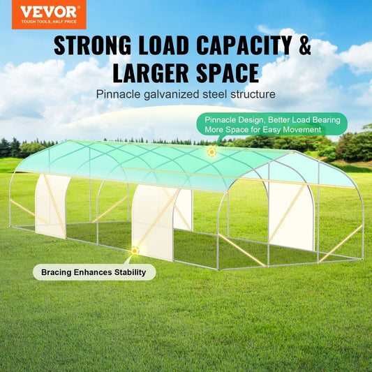 VEVOR Walk-in Tunnel Greenhouse, 29.5x9.8x6.6 ft Hoop House Greenhouse Tunnel, Peaked Roof Plant Hot House with Galvanized Steel Frame, Green PE Cover, Roll-up Zipper Door and 12 Windows for Outdoor - Mekamart Australia