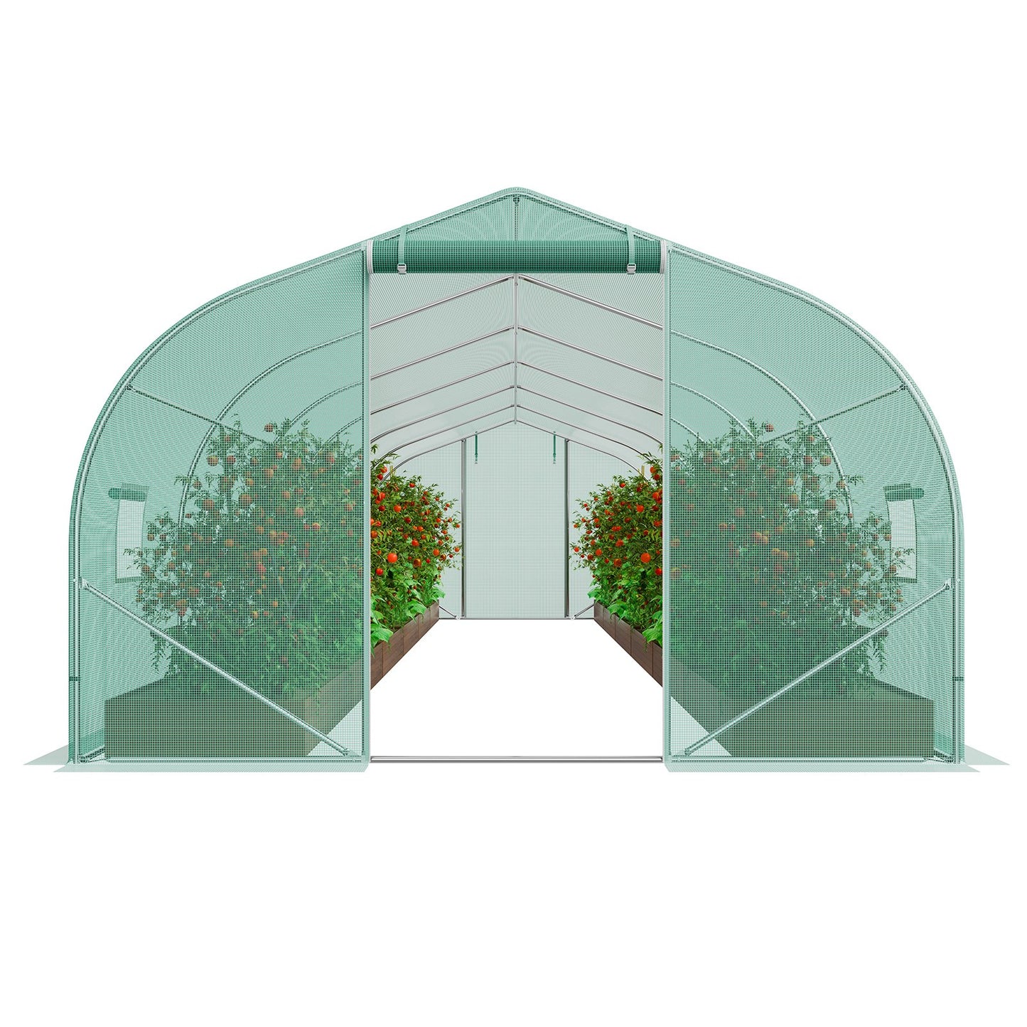 VEVOR Walk-in Tunnel Greenhouse, 29.5x9.8x6.6 ft Hoop House Greenhouse Tunnel, Peaked Roof Plant Hot House with Galvanized Steel Frame, Green PE Cover, Roll-up Zipper Door and 12 Windows for Outdoor