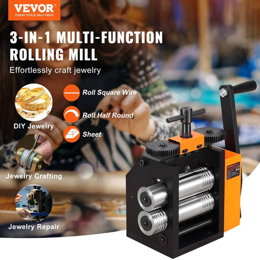 VEVOR Rolling Mill, 2.95"/75 mm Jewelry Rolling Mill Machine, 1: 2 Gear Ratio, 3-in-1 Multi-function Rolling Mill, 0.03-6.5mm Press Thickness for Metal Jewelry Making Sheet Square Wire Semicircle - Mekamart Australia