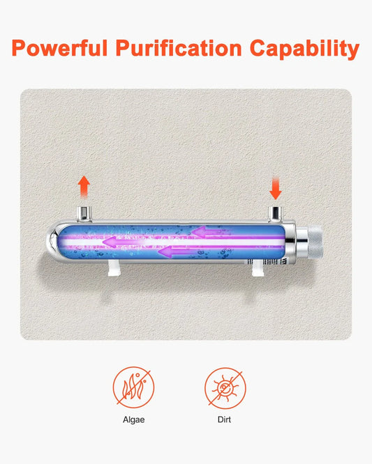 VEVOR UV Water Purifier, 12W 1GPM, 220V Versatile Ultraviolet Water Purifier Filter with Stainless Steel Housing, Whole House UV Water Filter with Quartz Sleeve Fit for Shower/Drinking/Cleaning - Mekamart Australia