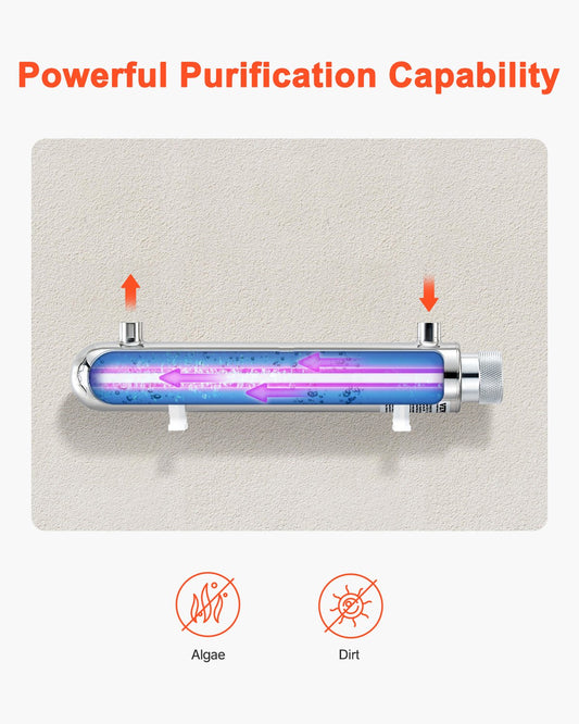 VEVOR UV Water Purifier, 12W 1GPM, 220V Versatile Ultraviolet Water Purifier Filter with Stainless Steel Housing, Whole House UV Water Filter with Quartz Sleeve Fit for Shower/Drinking/Cleaning