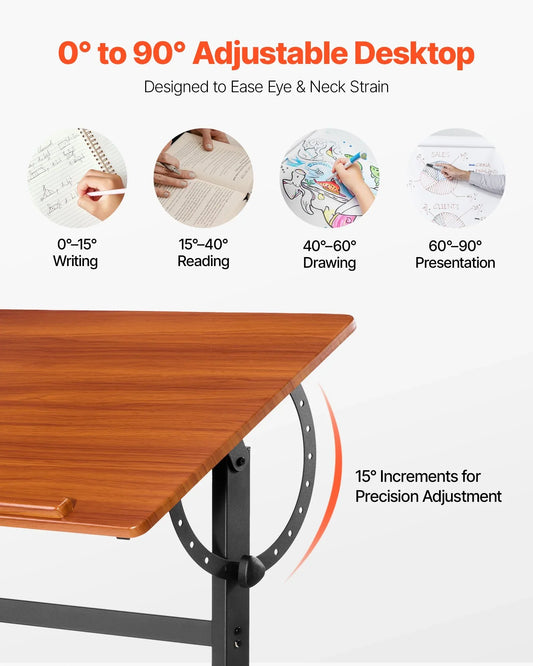 VEVOR Drafting Table Adjustable 0°–90° Tilt Wooden Drawing Desk with H-Frame - Mekamart Australia