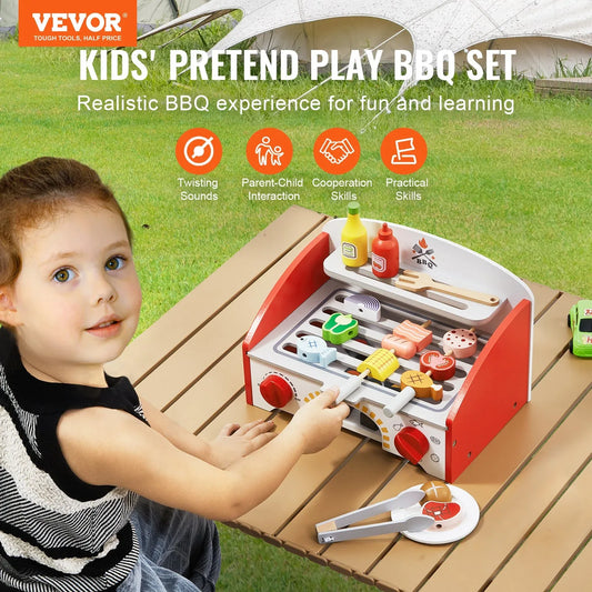 VEVOR 26 PCS Kids BBQ Grill Playset Wooden Cooking Grill Toy Set Pretend Sound - Mekamart Australia