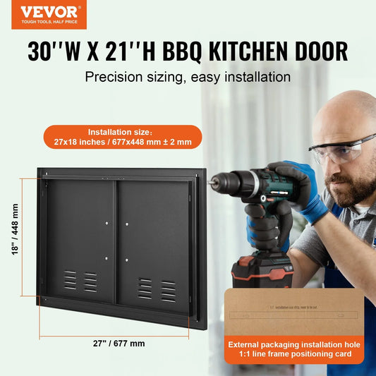 VEVOR BBQ Access Door,762 x533 mm Double Outdoor Kitchen Door, Cold Plate Flush Mount Door, Wall Vertical Door with Handles and Ventss, for BBQ Island, Grilling Station, Outside Cabinet - Mekamart Australia