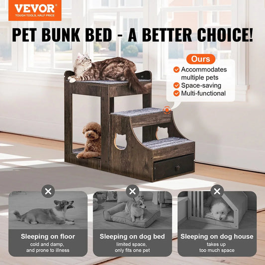 VEVOR Pet Bunk Bed with Stairs Dog/Cat Window Perch with Storage Indoor Gray - Mekamart Australia