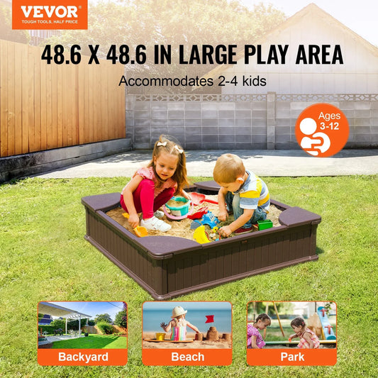 VEVOR Sandbox with Cover, 48.6x48.6x12.4 in Square Sand Box, HDPE Sand Pit with 4 Corner Seating and Bottom Liner, Kids Sandbox for Outdoor Backyard, Beach, Park, Gift for Boys Girls Ages 3-12, Brown - Mekamart Australia