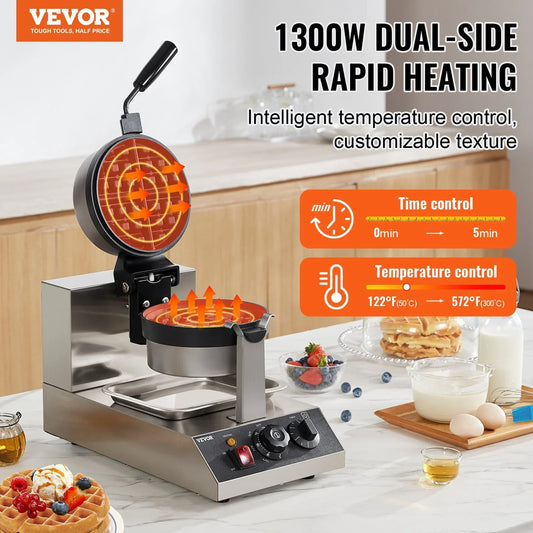 VEVOR Commercial Waffle Maker, 1300W Round Waffle Baker Machine, Non-Stick Stainless Steel Belgian Waffle Iron, Temperature and Time Control, 180° Rotatable, for Restaurant Bakery Snack Bar Family - Mekamart Australia