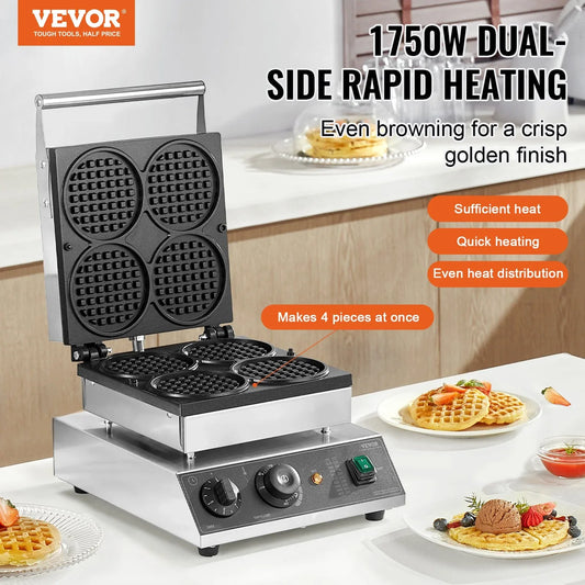 VEVOR Commercial Waffle Maker, 4PCS Round Waffle Baker Machine,1750W Non-Stick Stainless Steel Belgian Waffle Iron with Temperature and Time Control, for Restaurant Bakery Snack Bar Family - Mekamart Australia