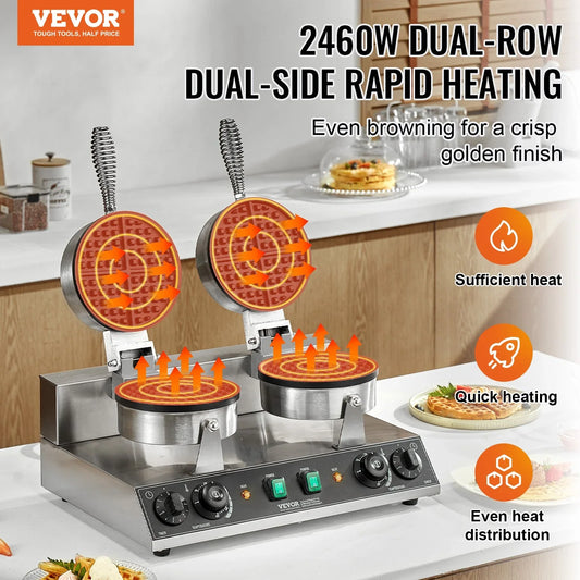 VEVOR Commercial Waffle Maker, Dual-Head Round Waffle Baker Machine, 2460W Non-Stick Stainless Steel Belgian Waffle Iron with Temp and Time Control, Handle, for Restaurant Bakery Snack Bar Family - Mekamart Australia