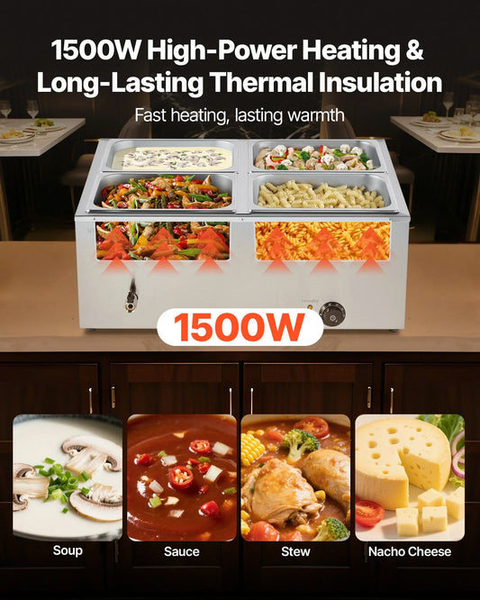 VEVOR Commercial Food Warmer, 1500W Electric Stainless Steel Steam Food Warmer with Lid, 4-Pan Fast Heating Countertop Buffet Bain Marie with Soup & Perforated Ladles, for Catering, Restaurant, Party - Mekamart Australia