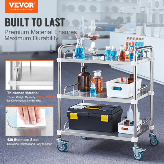 VEVOR Lab Rolling Cart, 3-Shelf Stainless Steel Rolling Cart, Lab Serving Cart with Swivel Casters, Dental Utility Cart for Clinic, Lab, Hospital, Salon, 26.38"x15.55"x34.13" - Mekamart Australia