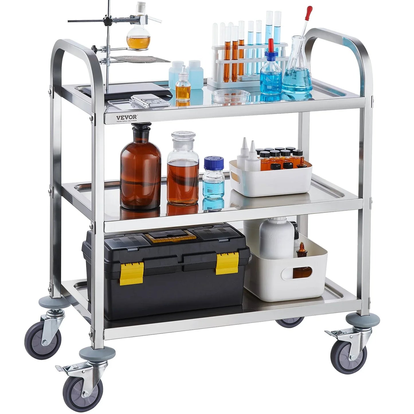 VEVOR Stainless Steel Cart, 3 Layers Lab Utility Cart 181 kg Weight Capacity, Medical Cart with Lockable Universal Wheels, for Lab, Clinic, Kitchen, Salon - Mekamart Australia