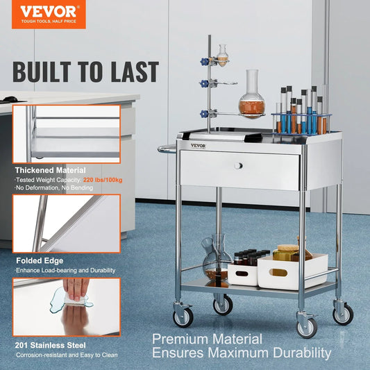 VEVOR Medical Cart, 2 Layer stainless Steel Cart100 kg Weight Capacity Utility Cart Silent Wheels and a Drawer for Lab, Clinic, kitchen, Salon