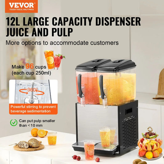 VEVOR Commercial Beverage Dispenser, 2 Tanks 12 L Per Tank Juice Dispenser, 286W Stainless Steel Ice Tea Drink Machine with 7℃-12℃ Cooling Temperature, for Cold Drink Restaurant Bar Party - Mekamart Australia