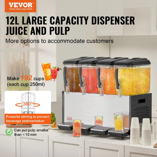 VEVOR Commercial Beverage Dispenser, 4 Tanks 12 L Per Tank Juice Dispenser, 510W Stainless Steel Ice Tea Drink Machine with 7℃-12℃ Cooling Temperature, for Cold Drink Restaurant Bar Party - Mekamart Australia