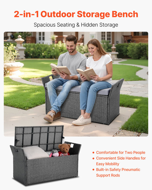 VEVOR Outdoor Storage Bench, 2-Person PE Rattan Storage Bench, 151L Deck Box with Cushion & Side Handle, Supports up to 181kg, Weatherproof Outdoor Seating & Porch Decor for Patio Garden Balcony - Mekamart Australia