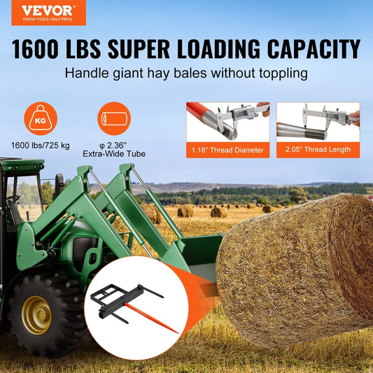 VEVOR 39" Hay Spear, Bale Spears 726kg Loading Capacity, Skid Steer Loader Tractor Bucket Attachment with 2pcs 17.5" Stabilizer Spears and 60" Chain, Quick Attach Spike Forks - Mekamart Australia