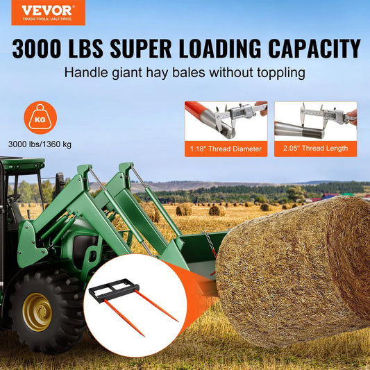 VEVOR 49" Hay Spear, Bale Spears 1360kg Loading Capacity, Skid Steer Loader Tractor Bucket Attachment with 2pcs 17.5" Stabilizer Spears and 60" Chain, Quick Attach Spike Forks - Mekamart Australia