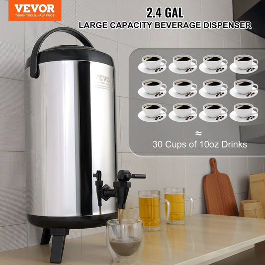 VEVOR Stainless Steel Insulated Beverage Dispenser, 9.2 Liter, Thermal Hot and Cold Drink Server Dispenser with Spigot Handle, Food-grade for Hot Tea Coffee Water Restaurant Drink Shop - Mekamart Australia